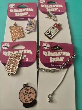 Pink & Silver Charm Pack - 2-Piece Assorted Charms x 3 and bracelet